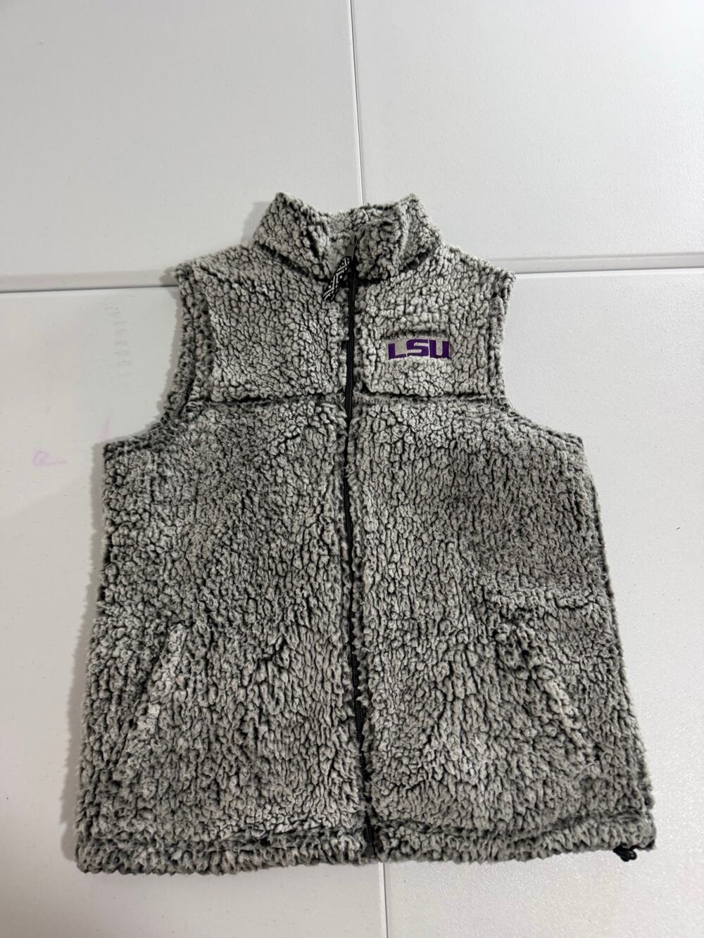 Boxercraft LSU Tigers Sherpa Vest Womens S Gray Fuzzy Fleece Full Zip Aztec Trim
